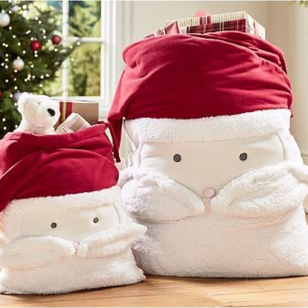 2 NWOT Pottery Barn Kids Sherpa Santa Gift Sack santa bag Drawstring 24x20”
